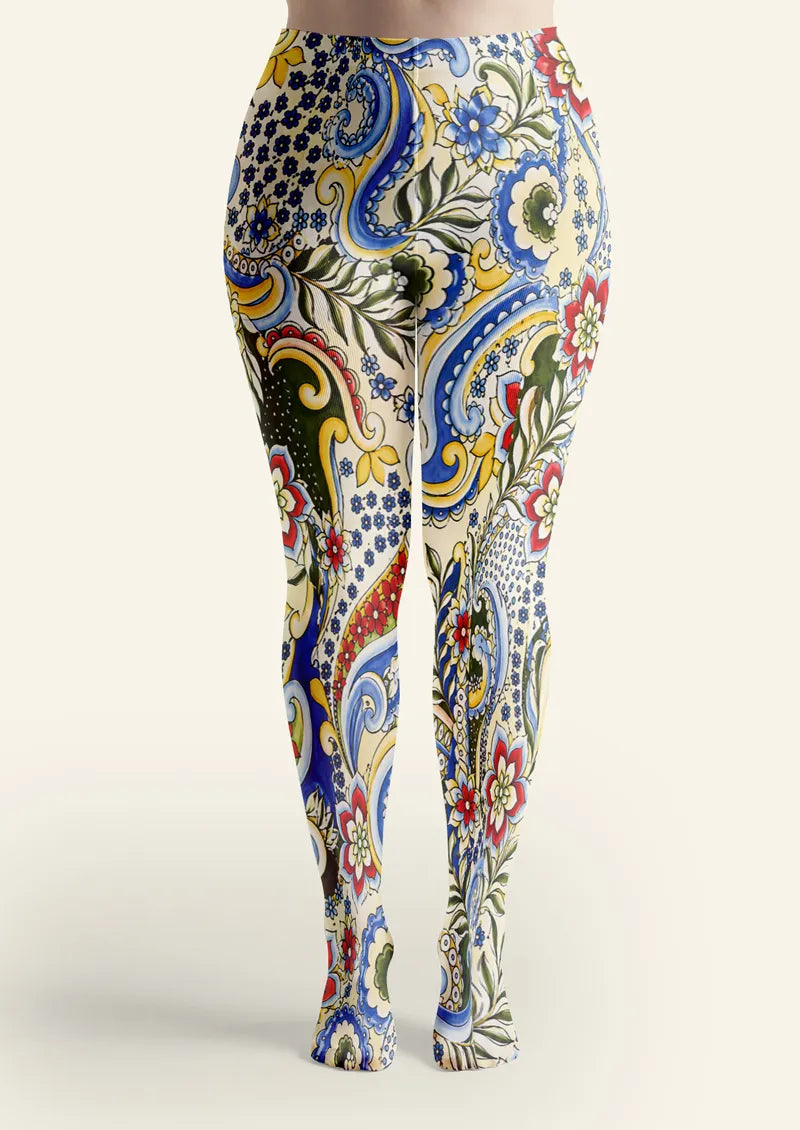 Colorful Paisley Floral Tile Print Tights Hosiery Pantyhose