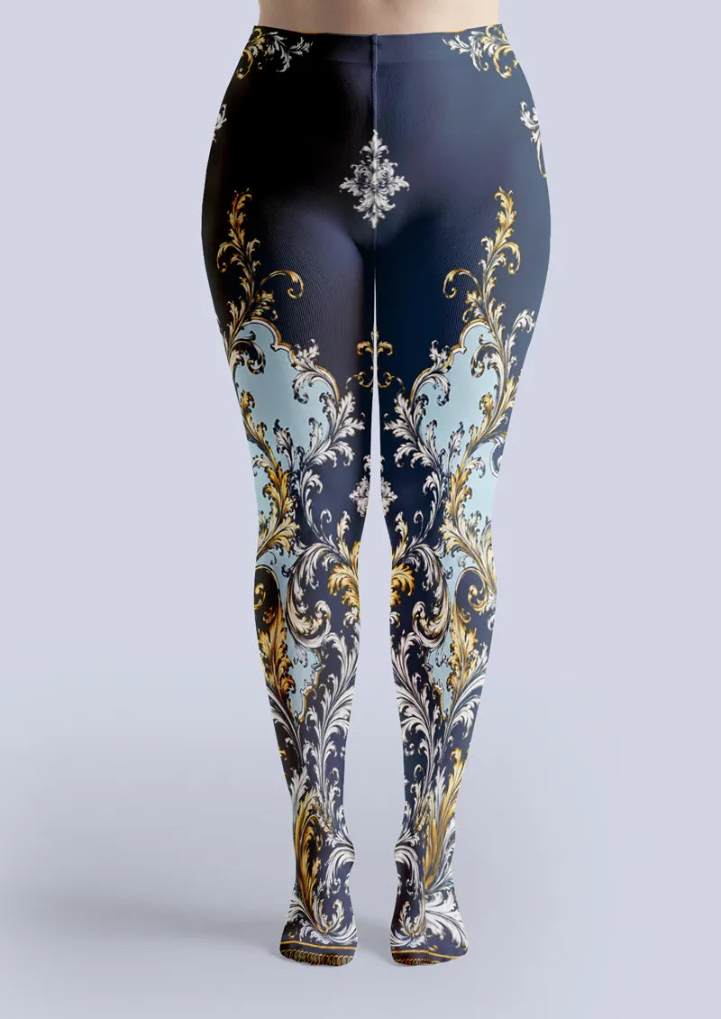 Navy Gold Baroque Scroll Print Tights Hosiery Pantyhose