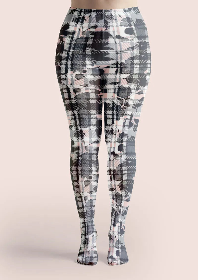 Gray Plaid Floral Tights