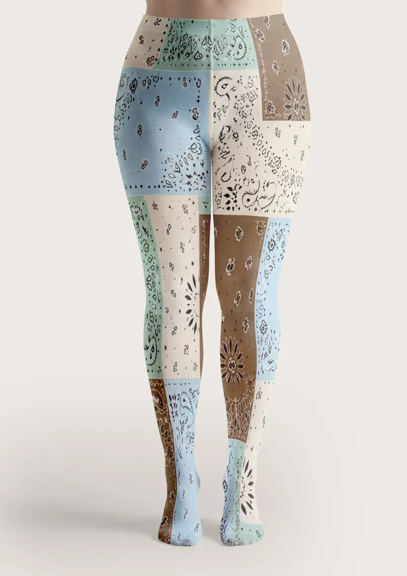Blue Brown Patchwork Paisley Print Tights Hosiery Pantyhose