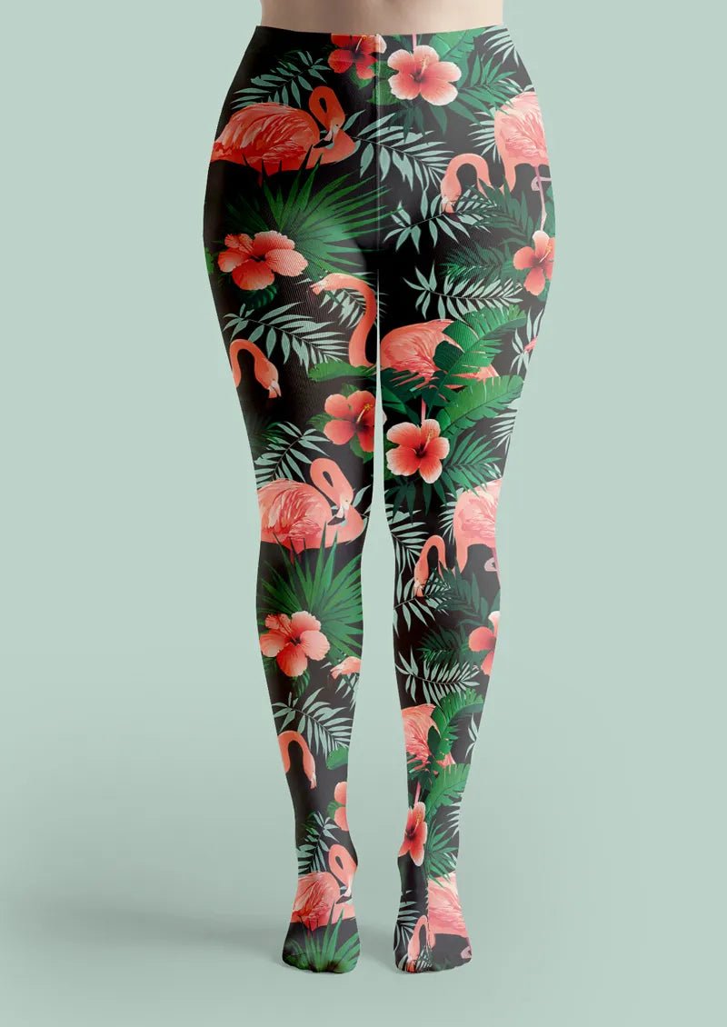 Black Flamingo Tropical Floral Tights Hosiery Pantyhose