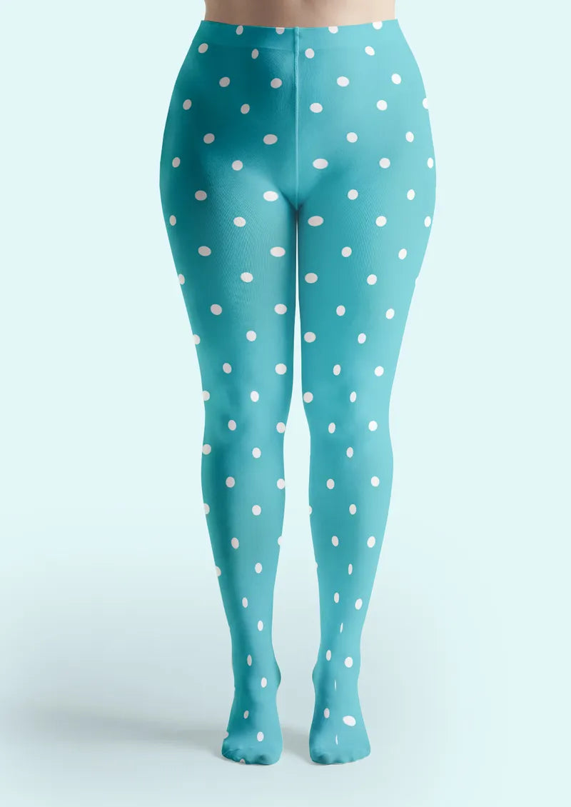 Turquoise White Polka Dot Print Tights Hosiery Pantyhose
