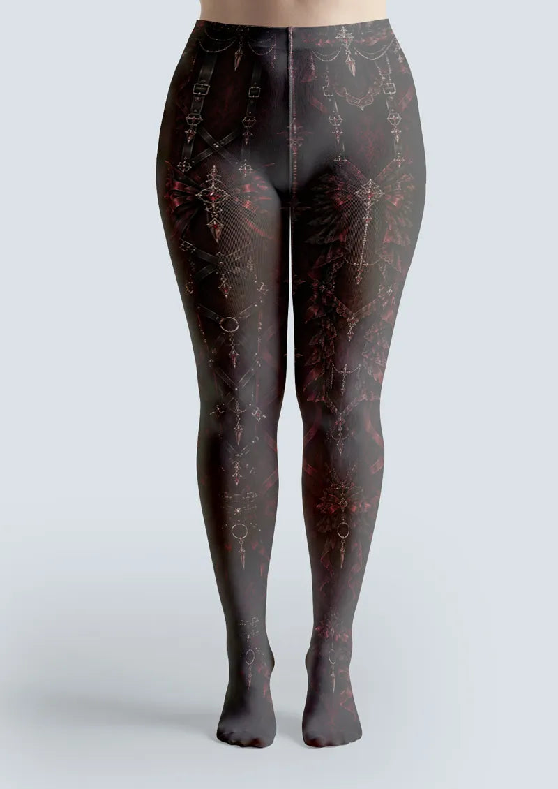 Black Burgundy Gothic Ribbon Tights