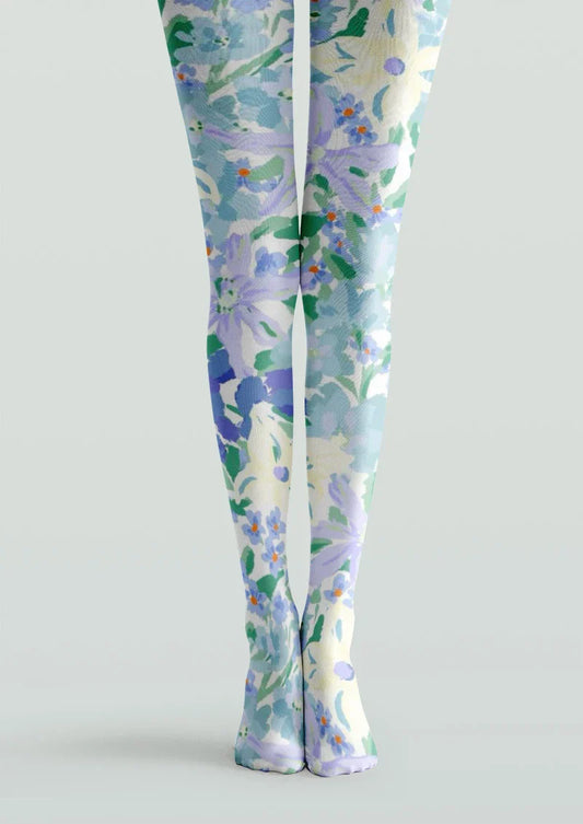 Watercolor Blue Floral Tights Hosiery Pantyhose