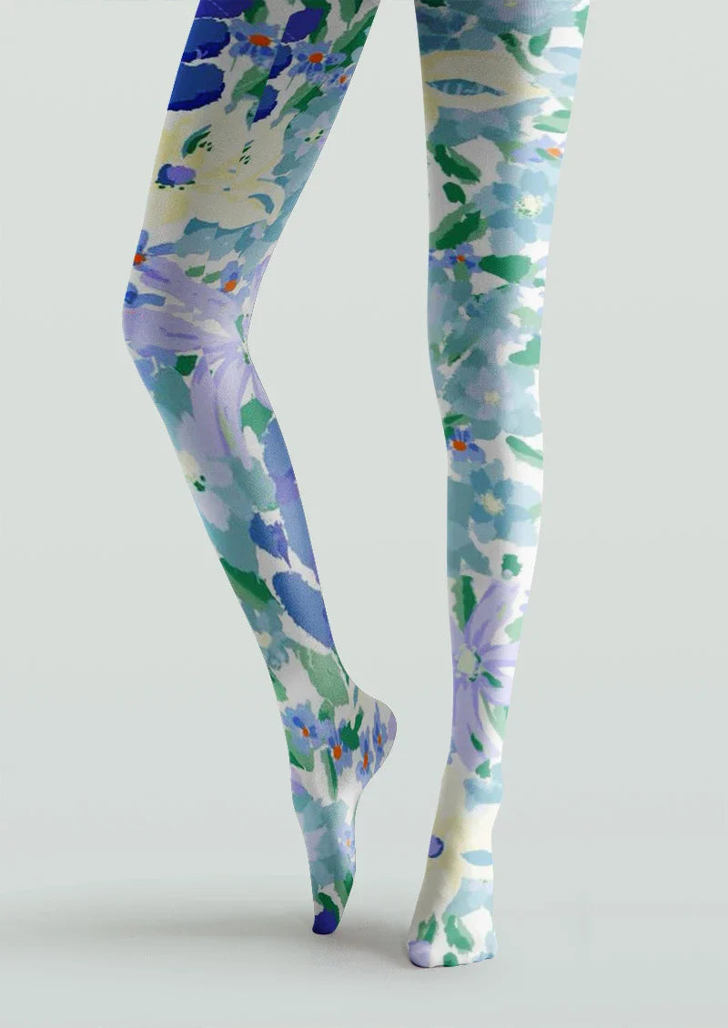 Watercolor Blue Floral Tights Hosiery Pantyhose