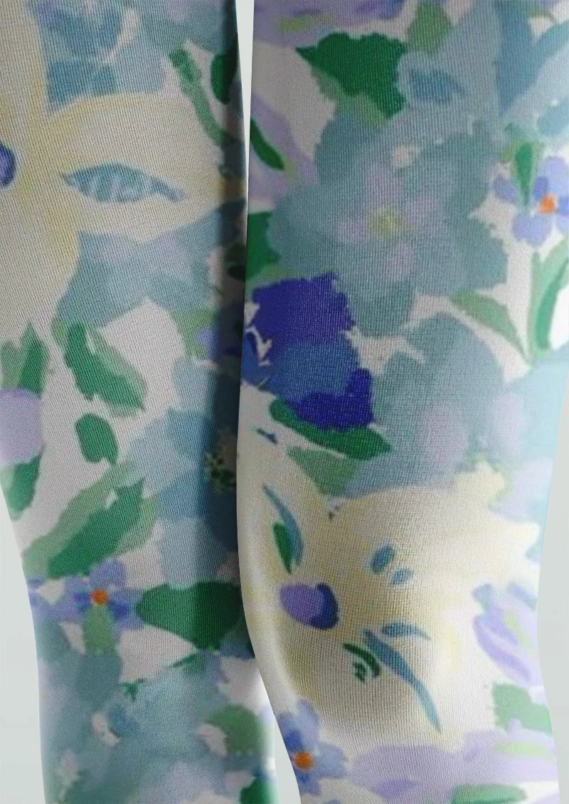 Watercolor Blue Floral Tights Hosiery Pantyhose