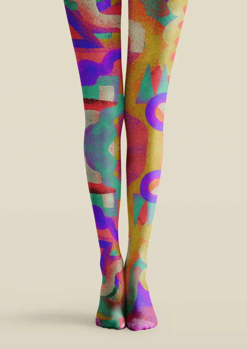 Multicolor tights with purple, green, yellow, and coral red geometric shapes, rings, and speckled details
