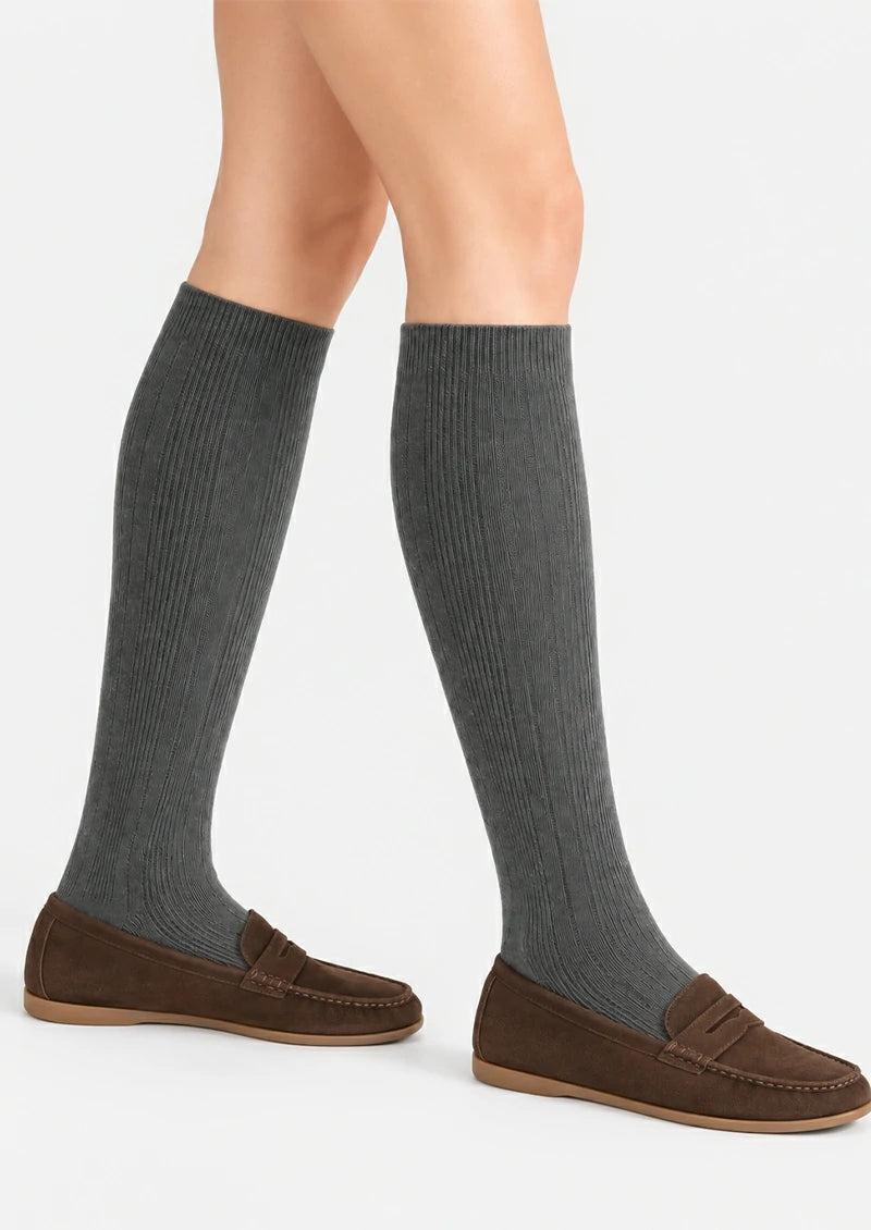 Solid Ribbed Knee-High Socks