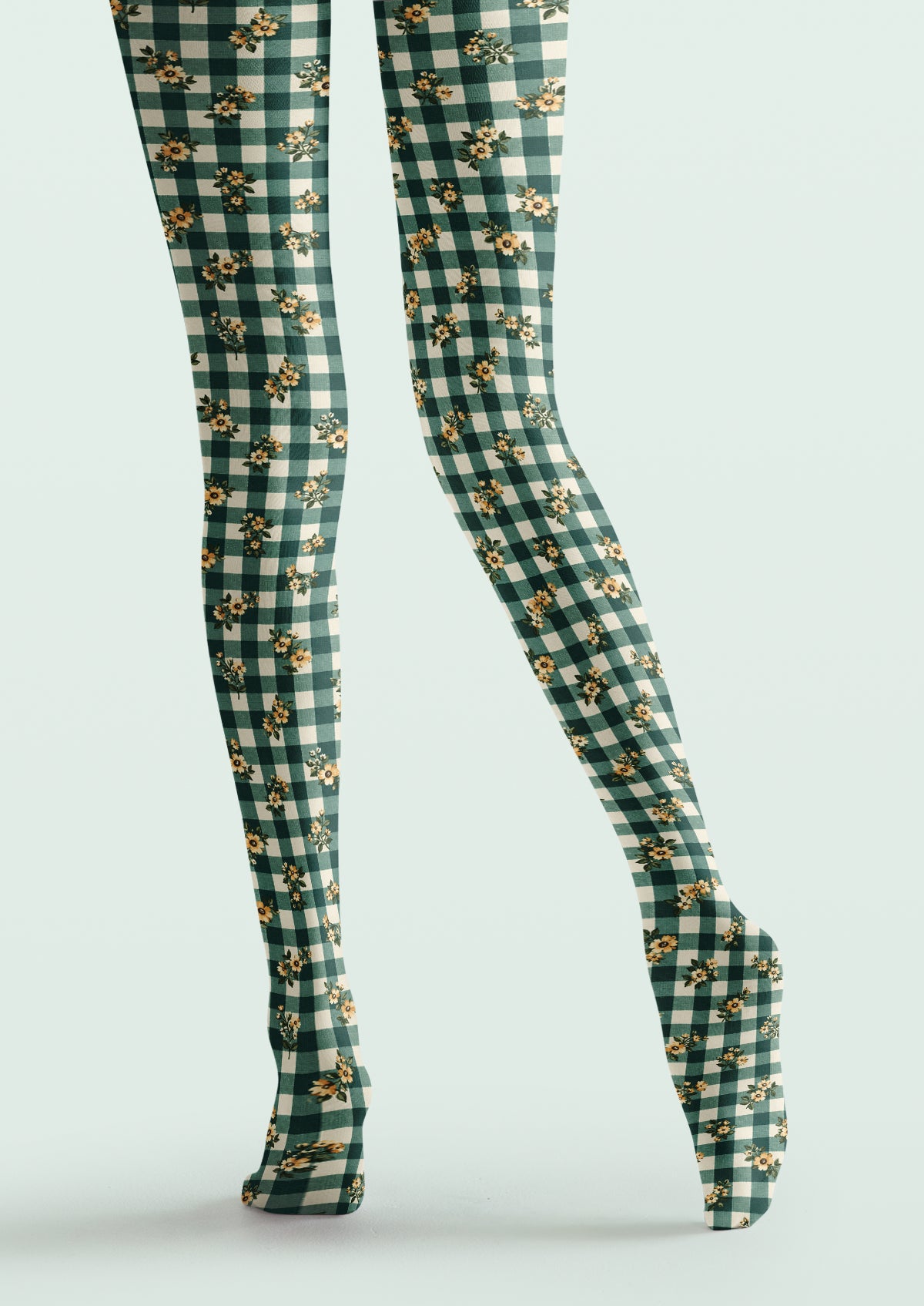Green Gingham Floral Tights