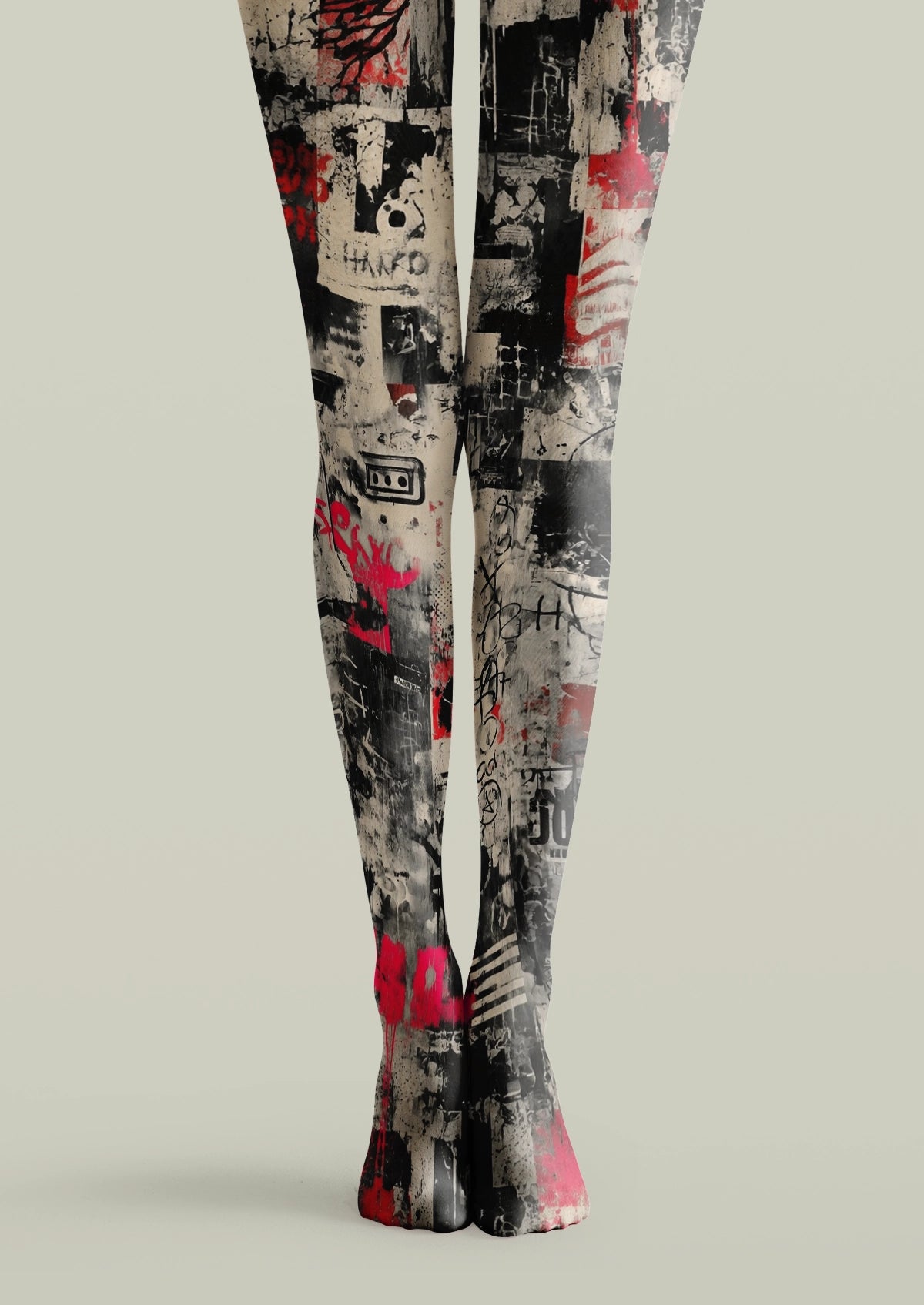 Red and beige printed tights with distressed poster fragments, black graphics, cassette imagery, and urban collage details