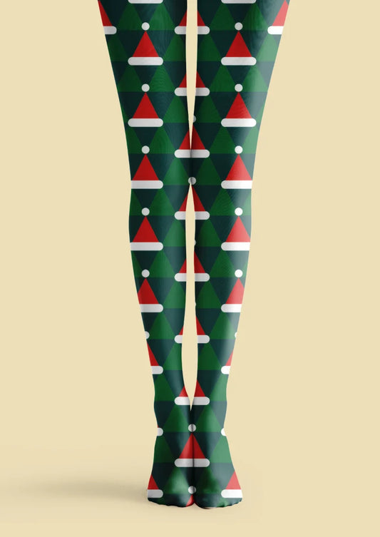 Green tights with red Christmas Santa hats, white bands and pom-poms over a green triangular background.