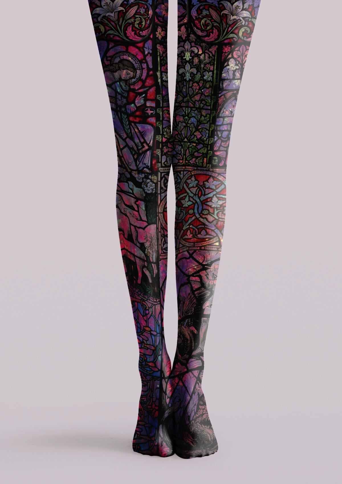 Black printed tights with Gothic stained glass, floral tracery, robed figure, and jewel-toned decorative panels