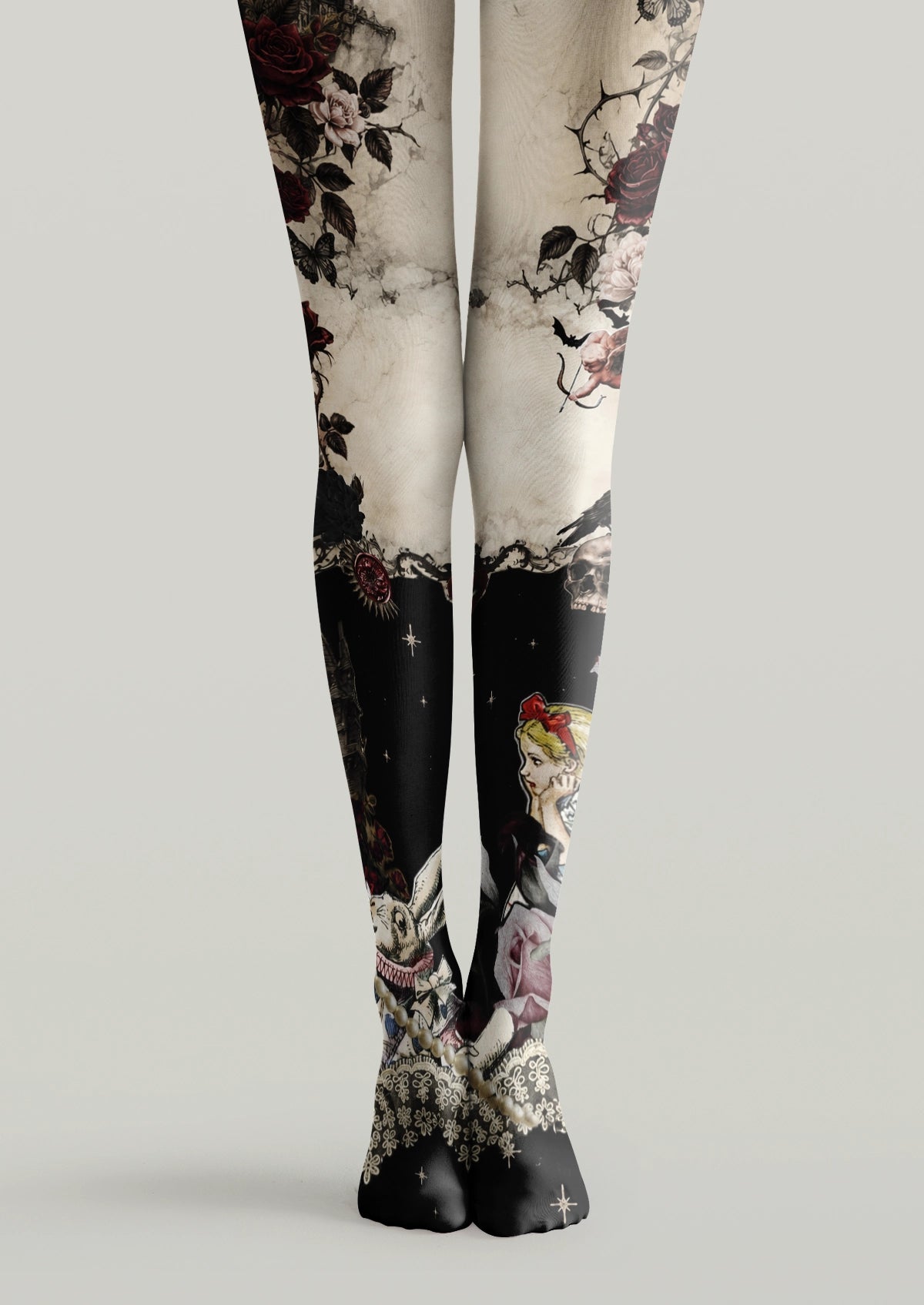 Black and beige printed tights with roses, thorny vines, butterflies, skulls, rabbit, and storybook figures