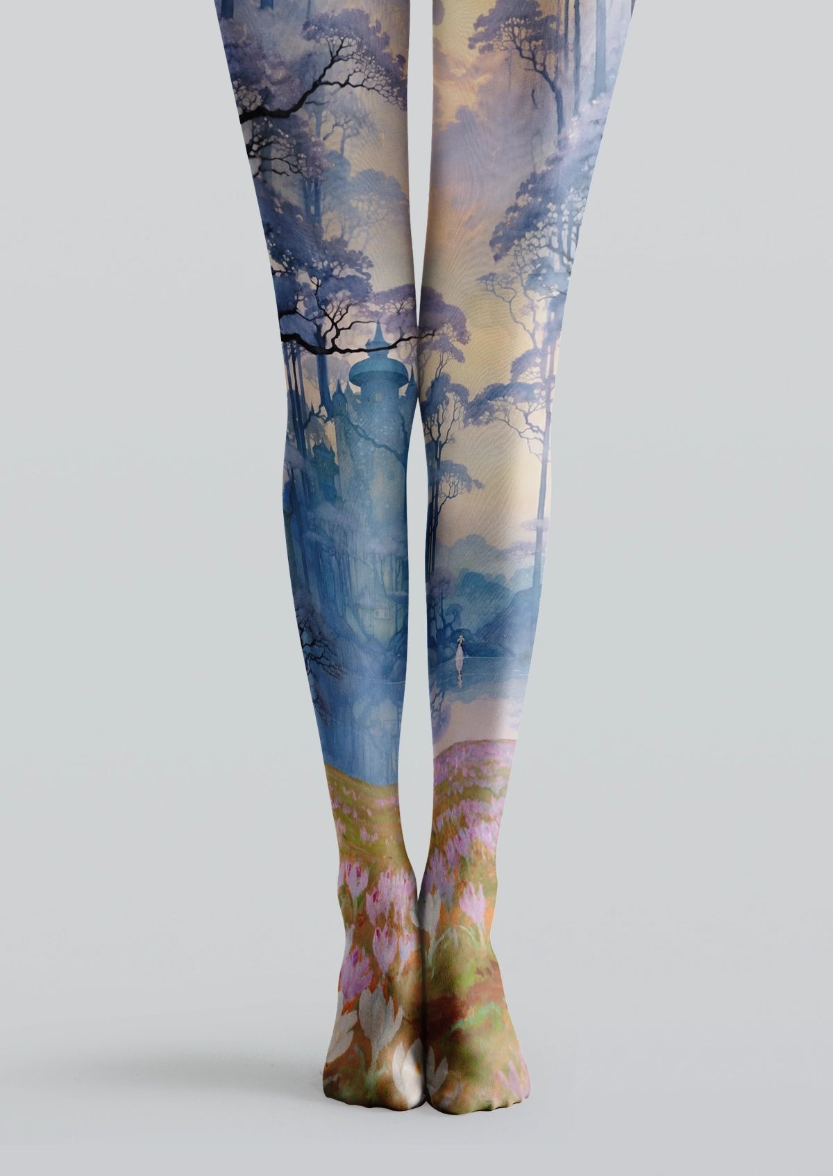 Blue printed tights with misty woodland, distant architecture, reflective water, and soft pink meadow flowers