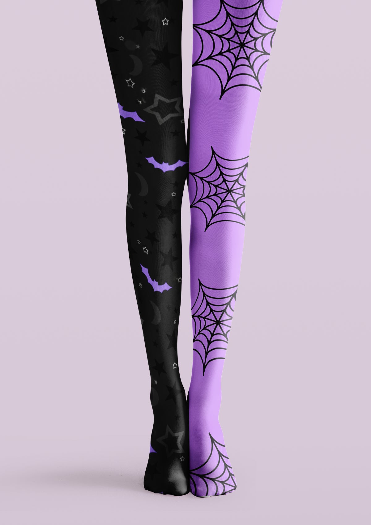 Black and purple printed tights with spiderwebs, bats, crescent moons, and scattered stars
