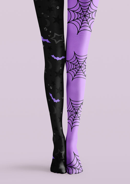 Black and purple printed tights with spiderwebs, bats, crescent moons, and scattered stars