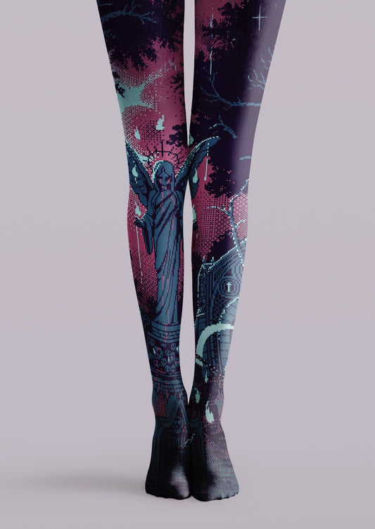 Black printed tights with a winged angel, gothic architecture, crescent moon, stars, and blue-pink details
