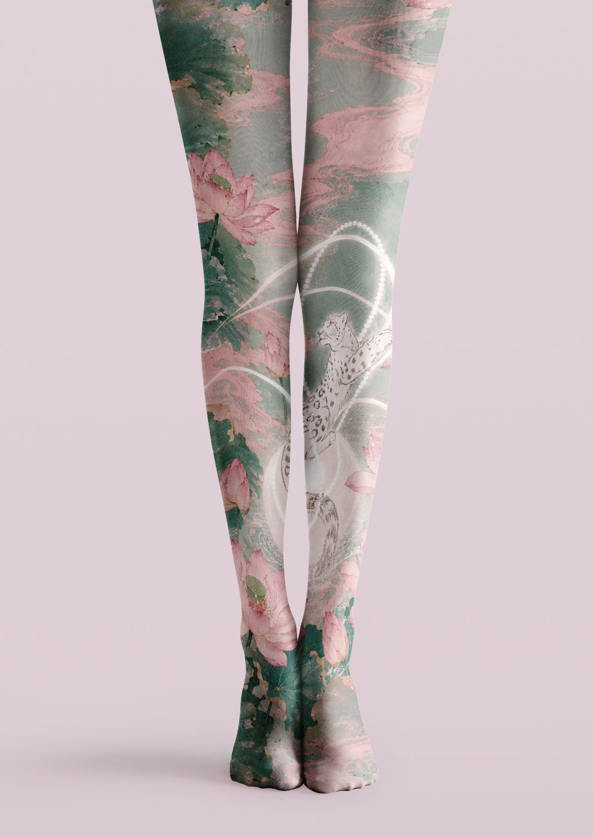 Green printed tights with pink lotus flowers, watercolor waves, and a pale spotted leopard motif