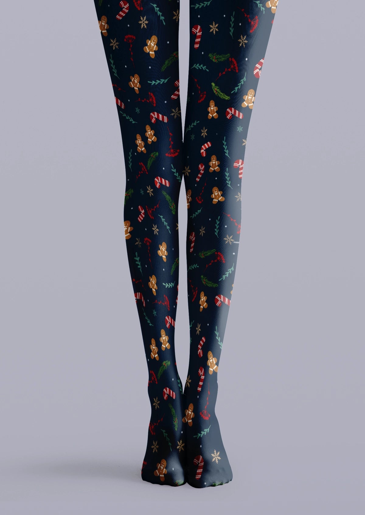 Navy Christmas tights with gingerbread figures, red candy canes, white snowflakes and green foliage