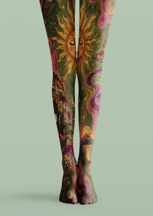 Green printed tights with a golden sun face, purple celestial swirls, stars, mushrooms, butterflies, and floral illustrations