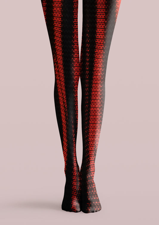 Black printed tights with repeating red geometric bands, triangles, and angular motifs across both legs