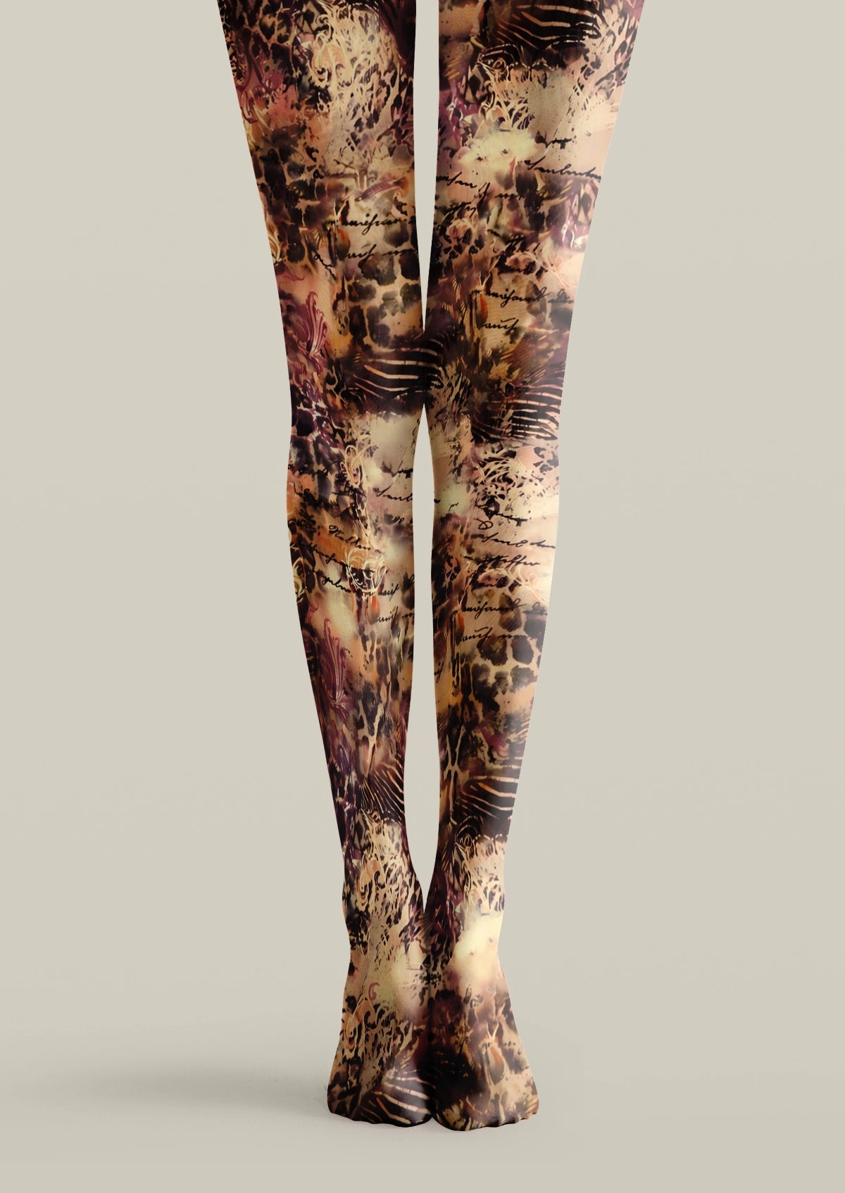Beige printed tights with leopard-like spots, zebra-style stripes, handwritten script, and layered collage textures