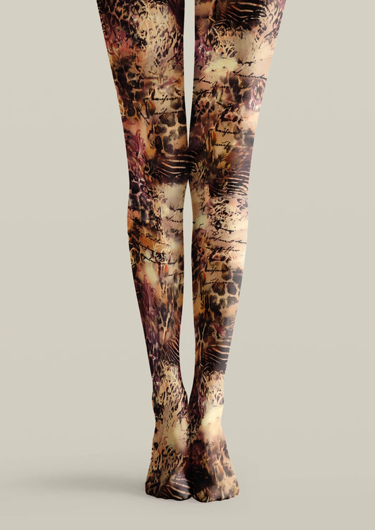 Beige printed tights with leopard-like spots, zebra-style stripes, handwritten script, and layered collage textures