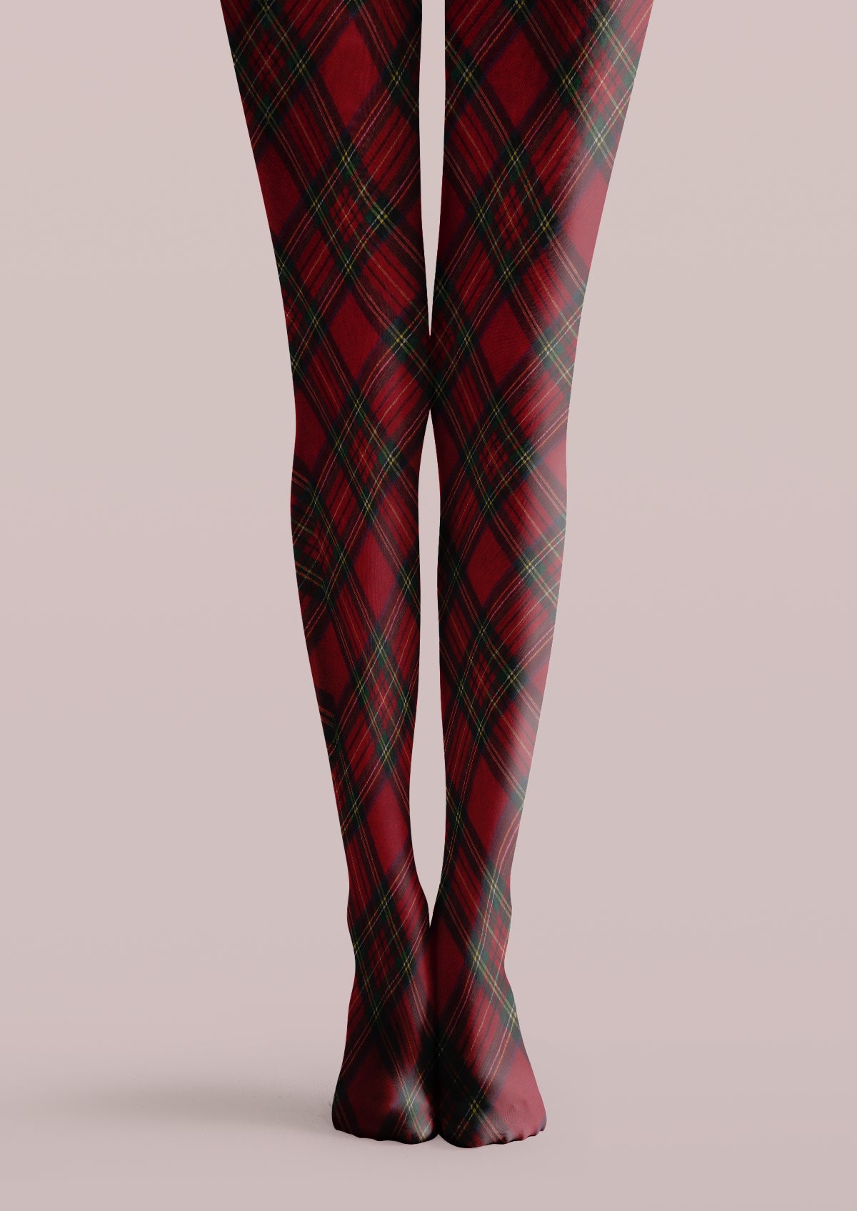 Red printed tights with black and green tartan plaid checks and fine yellow lines across both legs