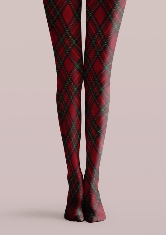 Red printed tights with black and green tartan plaid checks and fine yellow lines across both legs