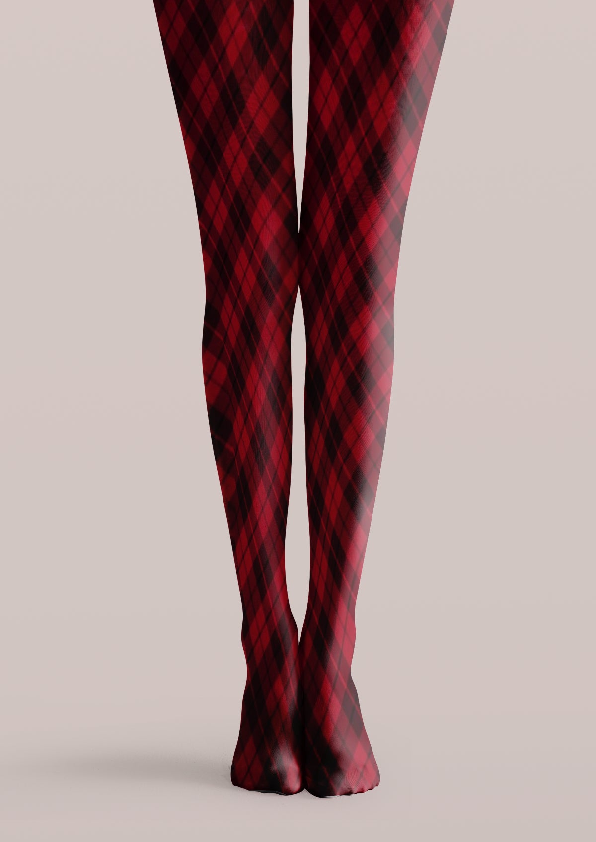 Red and black printed tights with repeating argyle diamond patterns across both legs