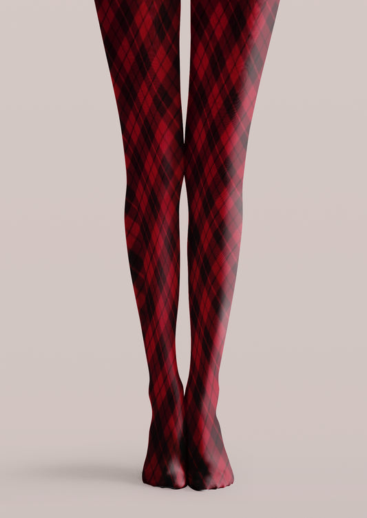 Red and black printed tights with repeating argyle diamond patterns across both legs