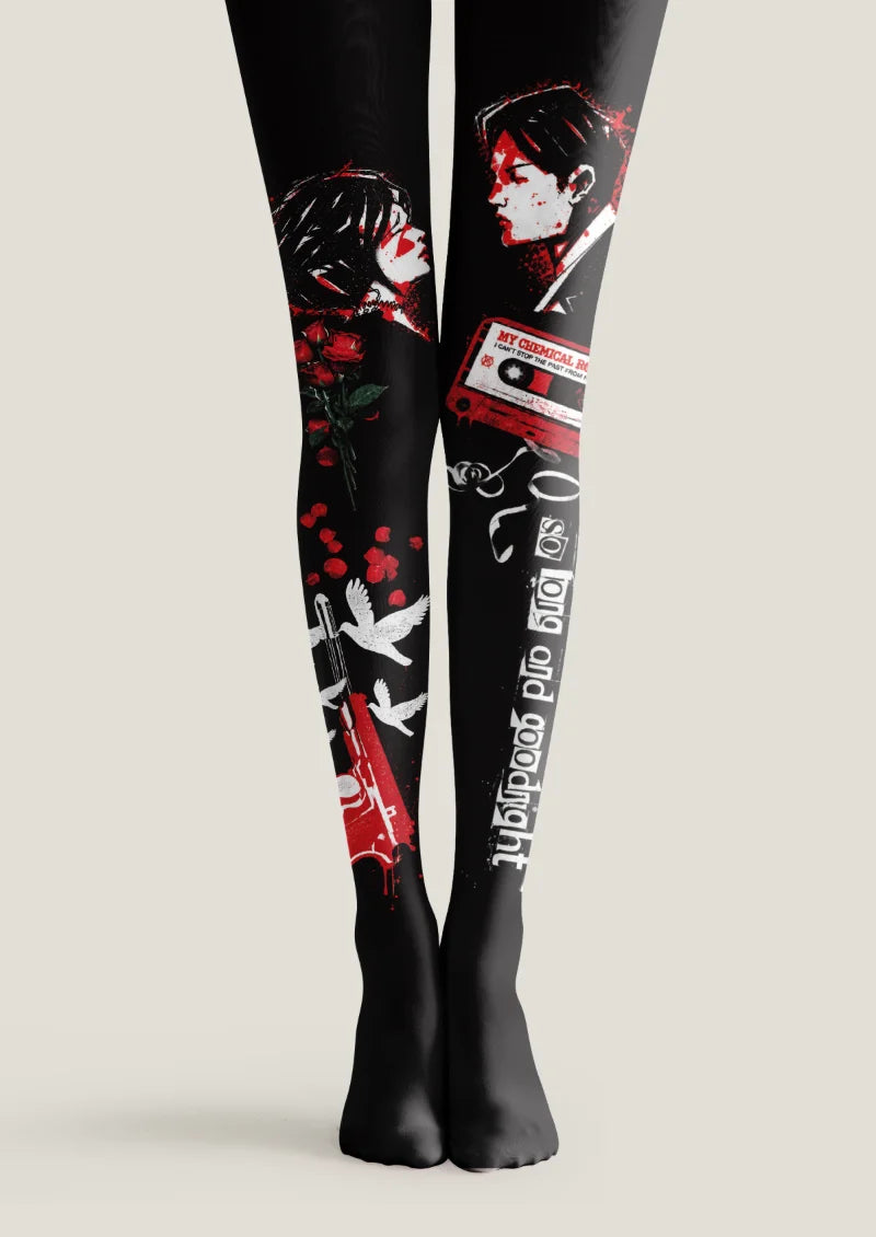 Black tights with red and white portraits, roses, birds, a cassette tape, a handgun motif, and distressed lettering.