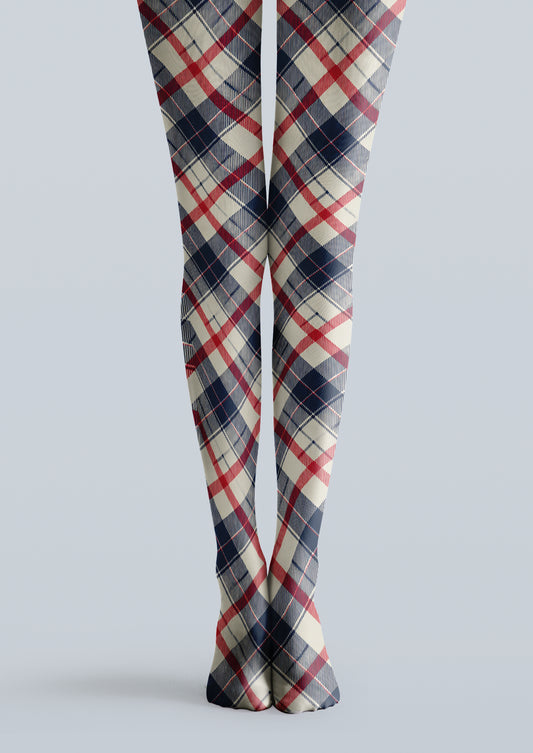 Ivory printed tights with navy and red tartan plaid checks across both legs