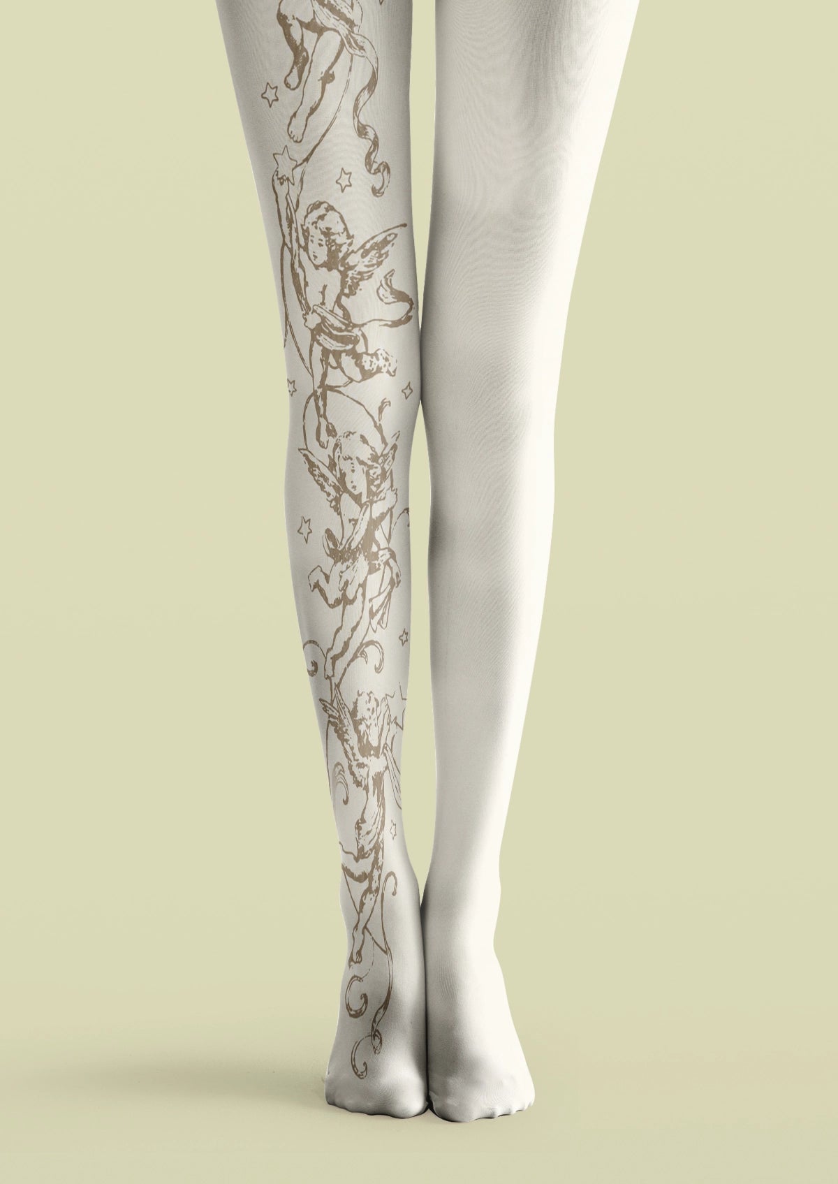 White printed tights with brown cherub angels, stars, and vintage tattoo-style line art on one leg