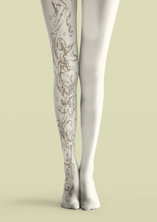 White printed tights with brown cherub angels, stars, and vintage tattoo-style line art on one leg