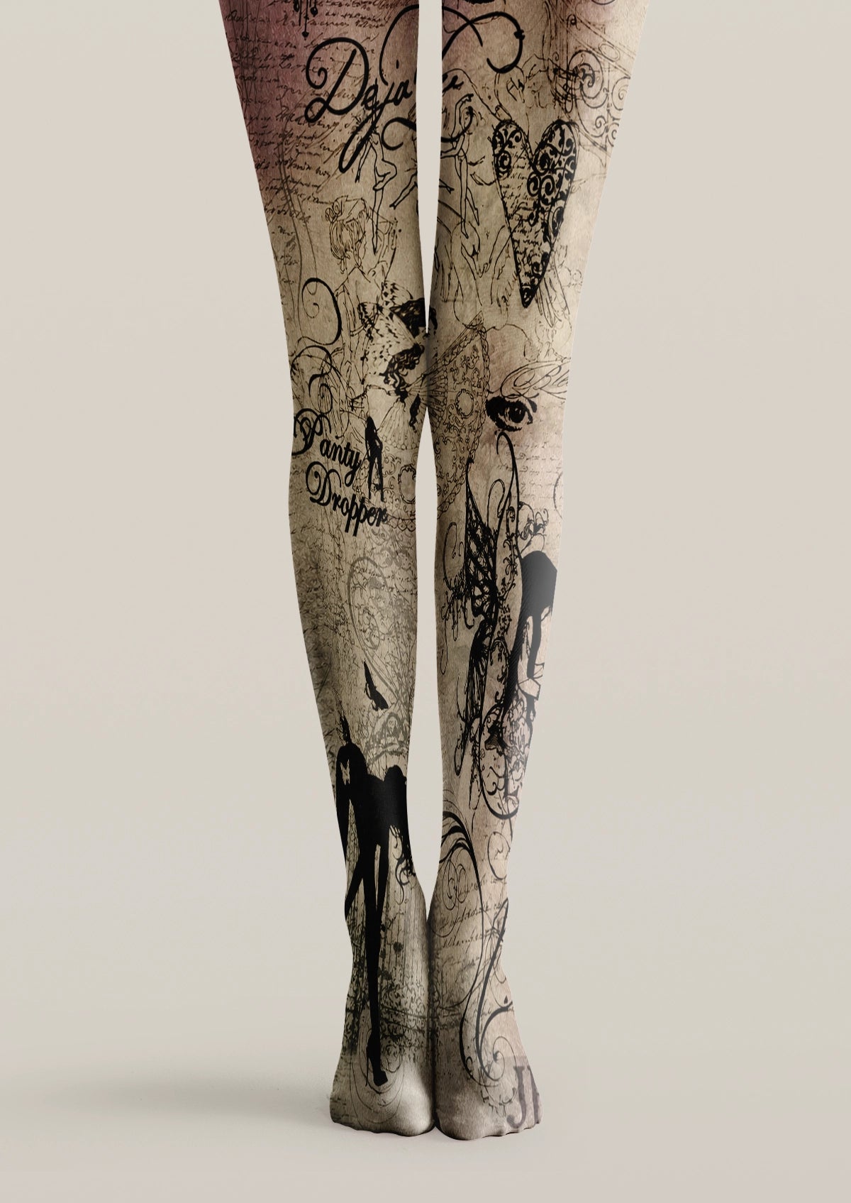 Beige printed tights with black script, hearts, eyes, silhouettes, and ornate tattoo-style line art