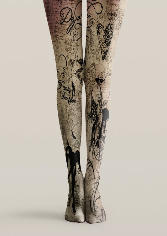 Beige printed tights with black script, hearts, eyes, silhouettes, and ornate tattoo-style line art