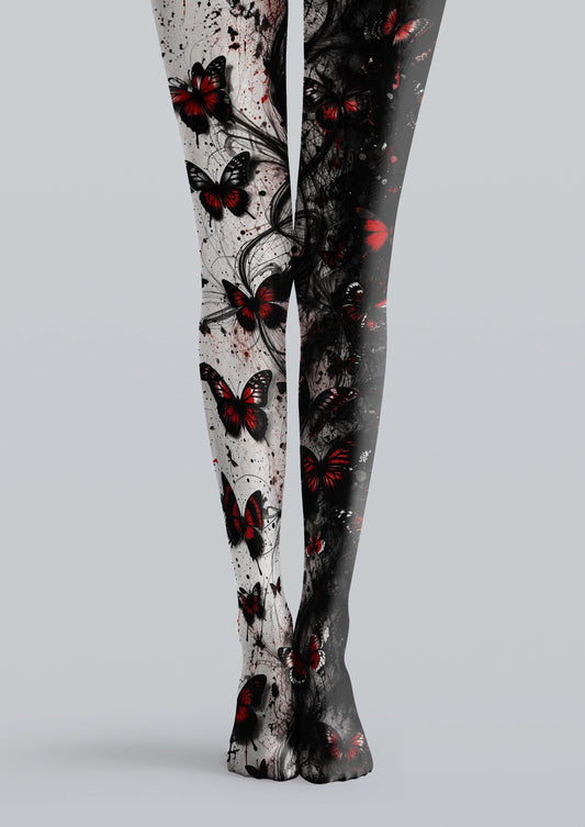Black printed tights with red and black butterflies, ink textures, flowing branches, and gothic details