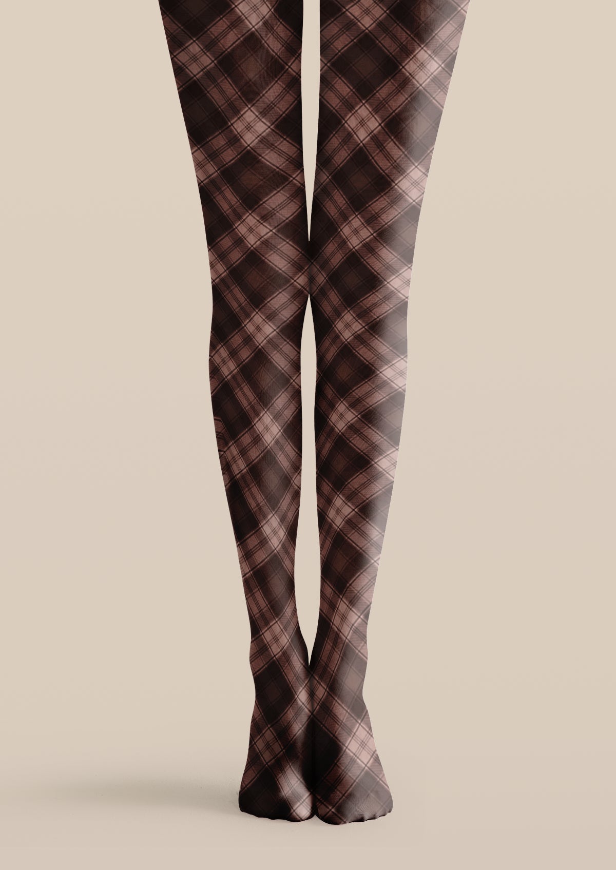 Brown and pink printed tights with layered black tartan plaid checks across both legs