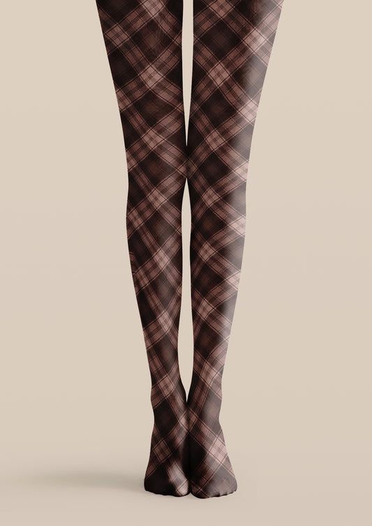 Brown and pink printed tights with layered black tartan plaid checks across both legs