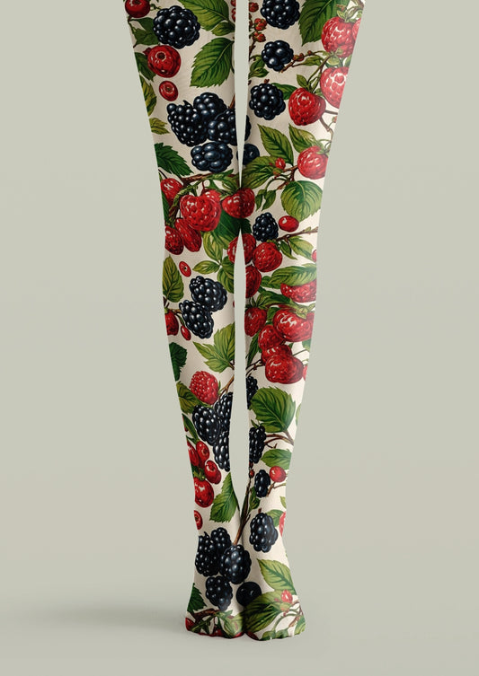 White printed tights with raspberries, blackberries, green leaves, and berry botanical illustrations
