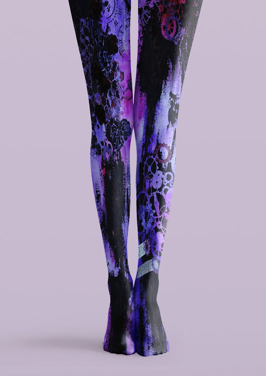 Black printed tights with purple gears, dark roses, hexagonal graphics, and distressed mechanical textures