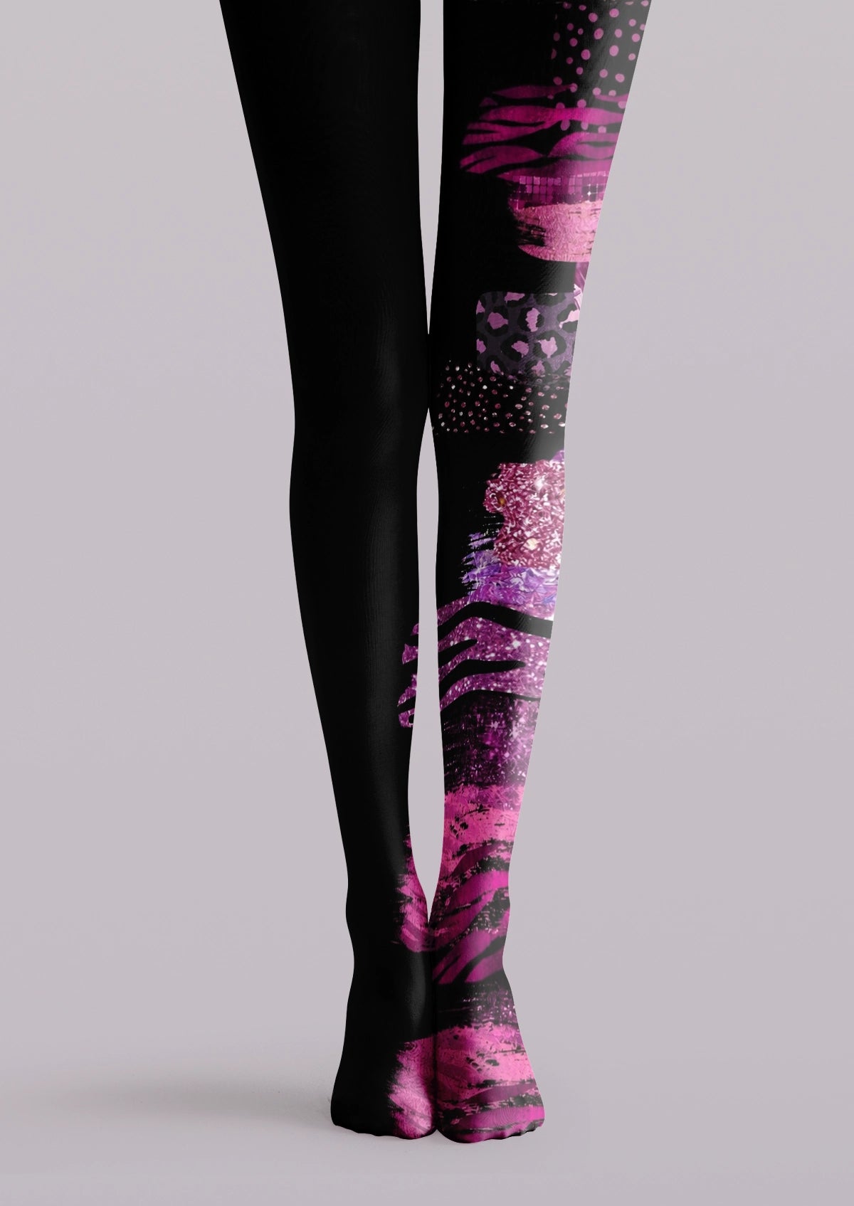 Black printed tights with pink purple graffiti strokes, dotted textures, and abstract street-art graphics