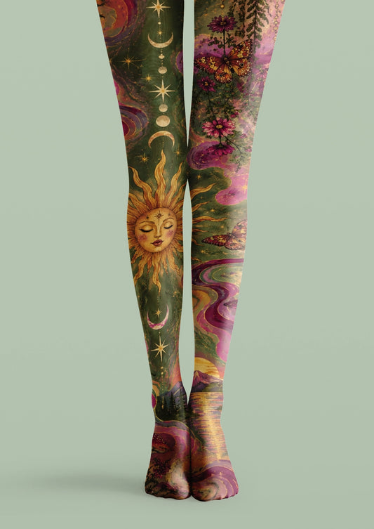 Green printed tights with sun and moon faces, stars, butterflies, flowers, and celestial fantasy artwork