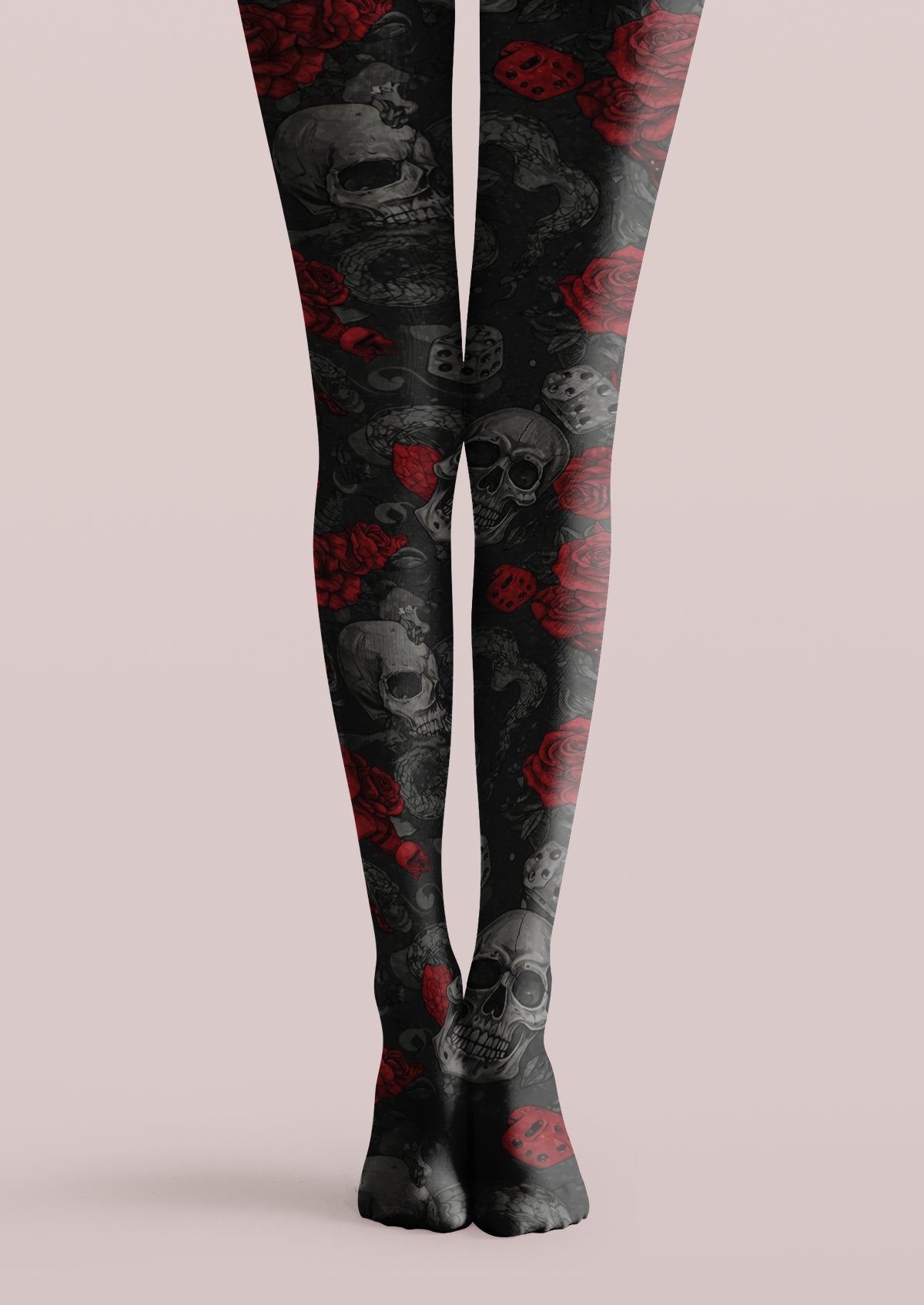 Black printed tights with gray skulls, red roses, dice, snake details, and gothic tattoo motifs