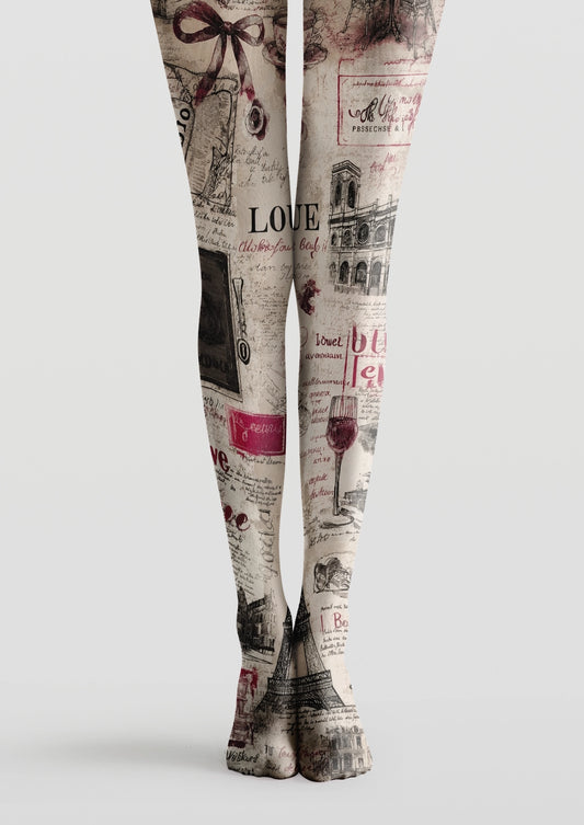 Beige printed tights with Eiffel Tower sketches, vintage lettering, architectural drawings, bows, and burgundy accents