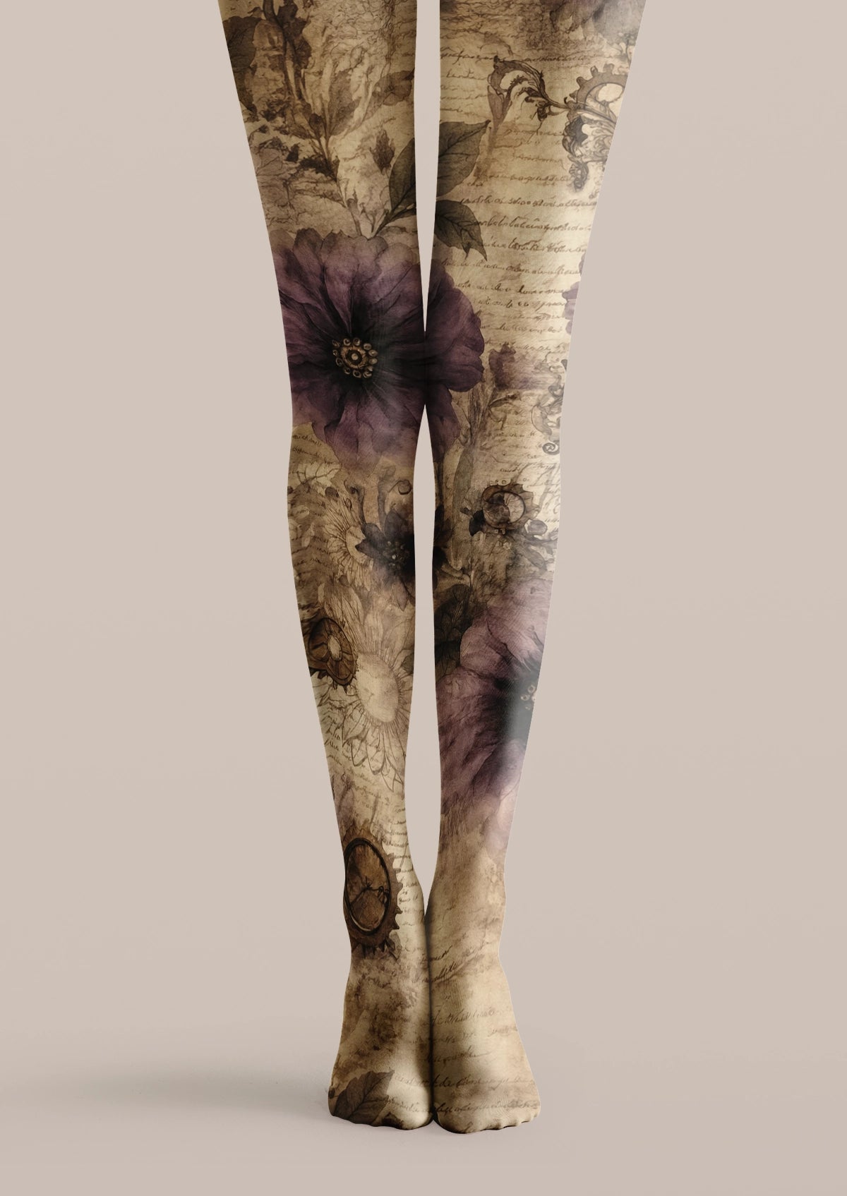 Beige printed tights with purple flowers, brown botanical sketches, leaves, and vintage handwritten script.