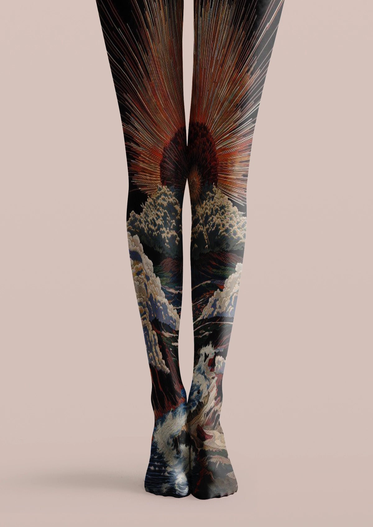 Black printed tights with blue ocean waves, pale foam, deep red sun, and radiating graphic lines