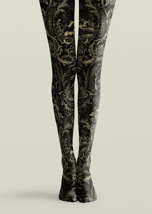 Black printed tights with beige baroque scrollwork, deer, floral garlands, and framed woodland scenes