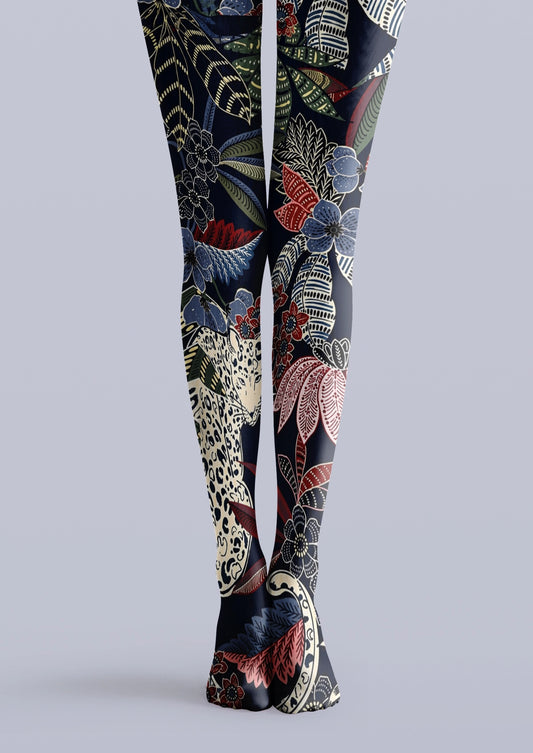 Navy printed tights with leopard motif, tropical leaves, red and blue flowers, and botanical details